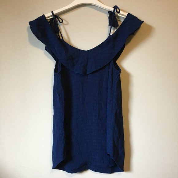 RW&CO. Navy Blue Off Shoulder Tasseled Rayon Beach House Tank Top - Picture 3 of 14